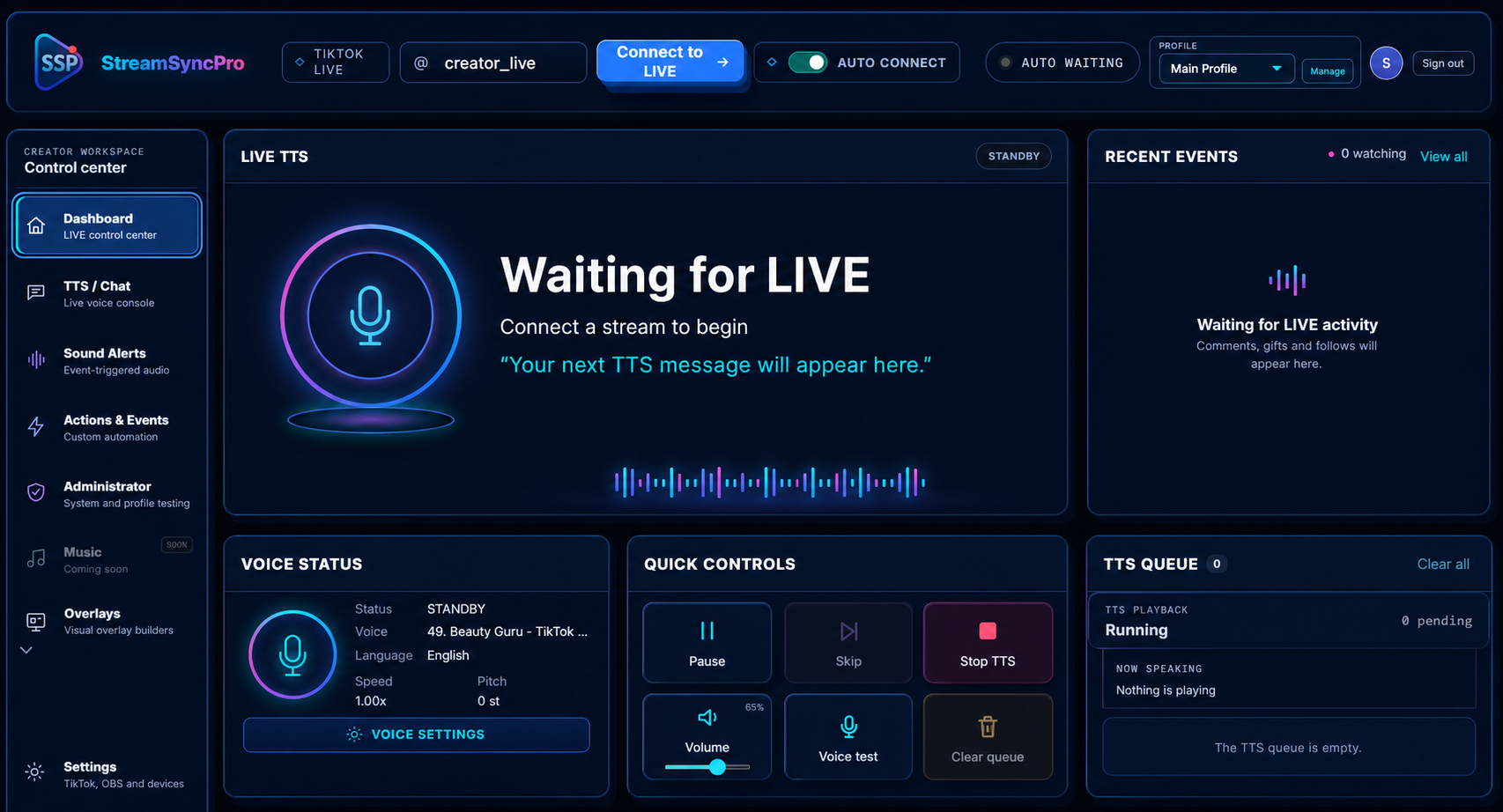 Stream Sync Pro dashboard showing LIVE TTS, recent events, voice controls and the TTS queue